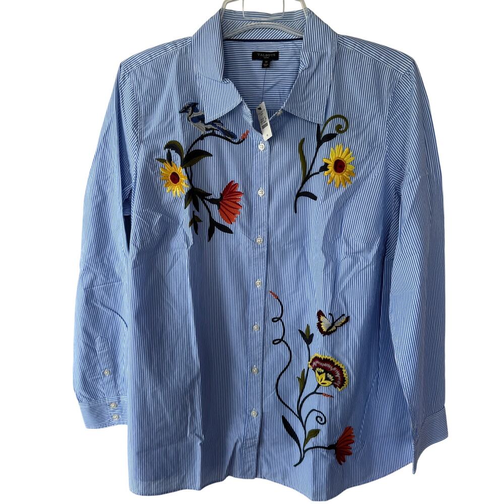 NEW!!! Talbots size 1X Pinstriped Embroidered blue white shirt size 1X